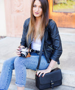 Mia Pebbled Leather Messenger Camera Bag in Midnight Black - Meliae Bag