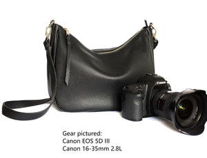 Madeline Pebbled Leather Hobo Bag, Camera Purse in Black